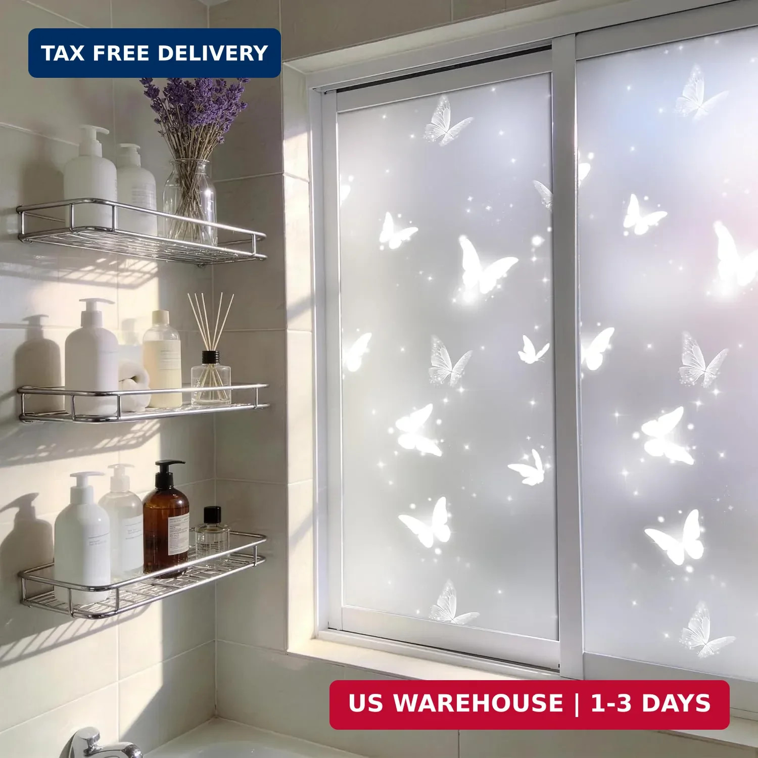Frosted Glitter Butterfly Window Privacy Film, 78.5″ L x 17.5″ W, Decorative Sel