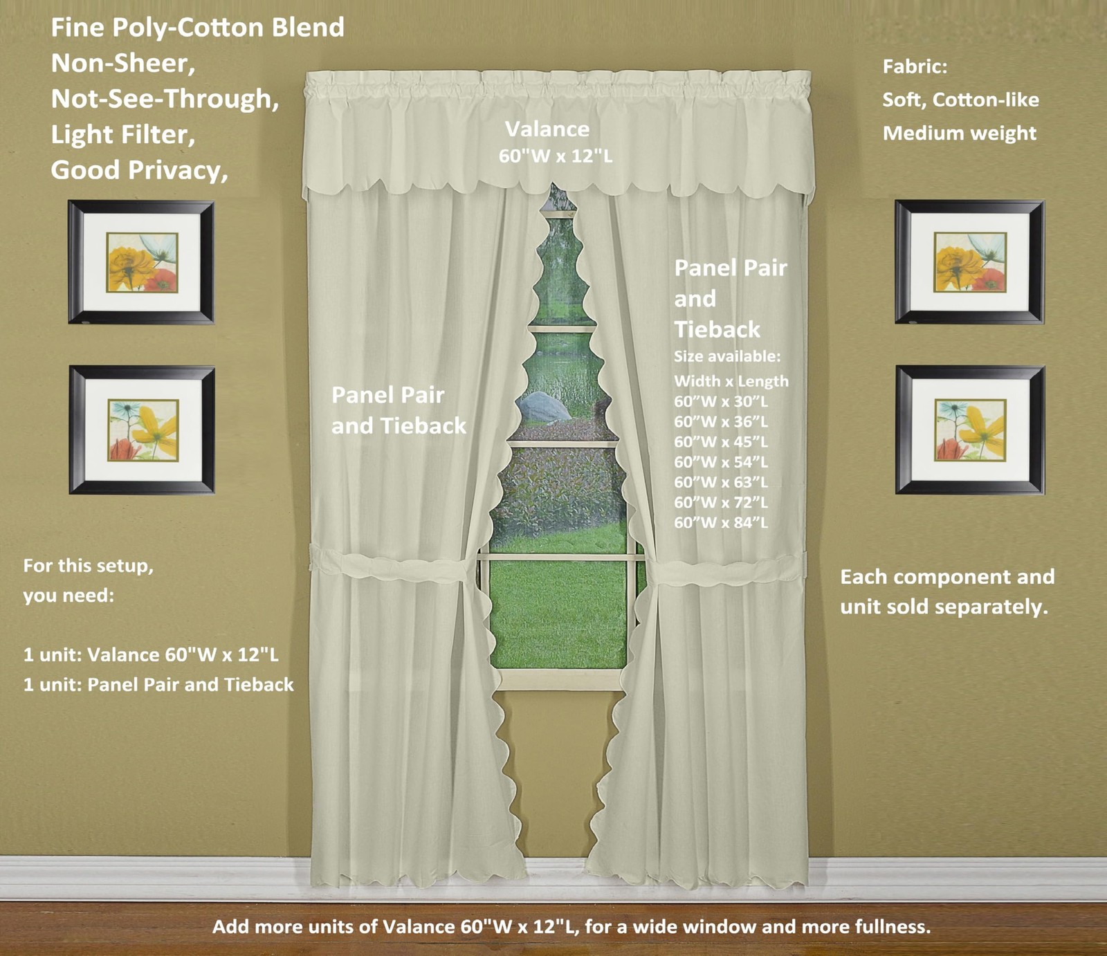 Today’s Curtain, Orleans Scallop Curtain, Ecru 63″ Panel Pair and Tieback,4Pi…