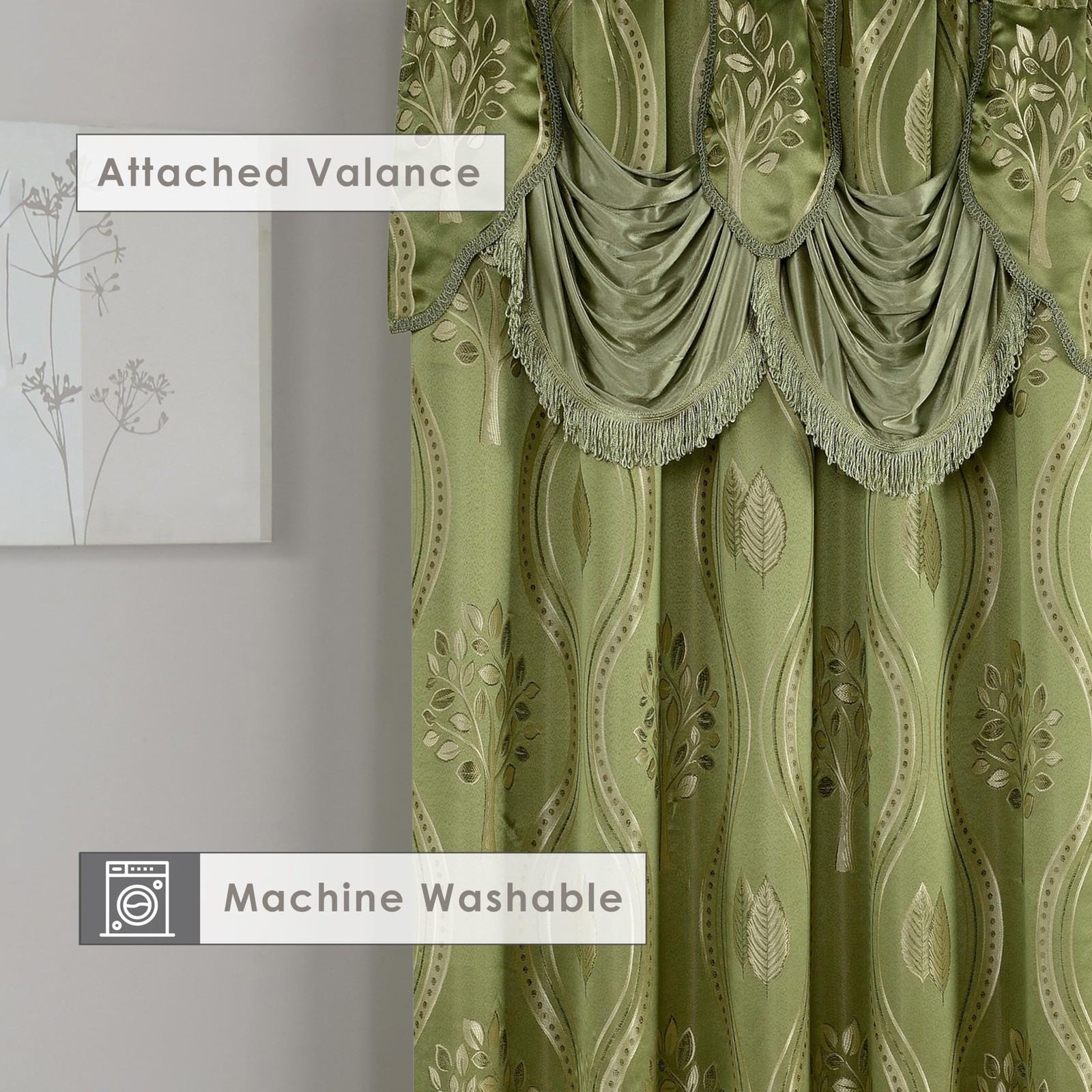 Aurora Jacquard Look Curtain Panel Set Attached Valance 54″ X 84 inch Set of 2