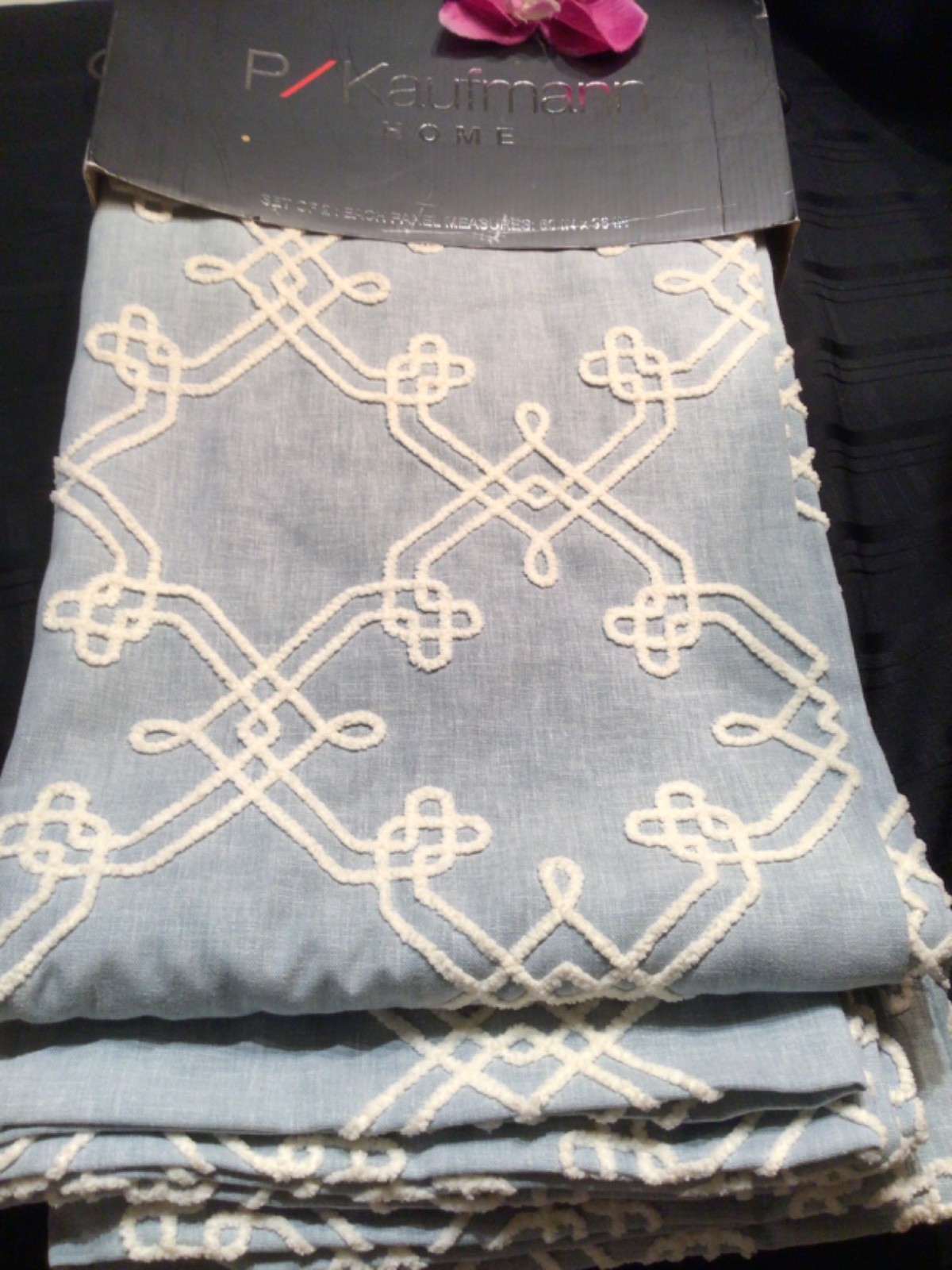 P/KAUFMAN window Curtain Panels 50 x 96 Dynasty Embroidered Chambray Geometric