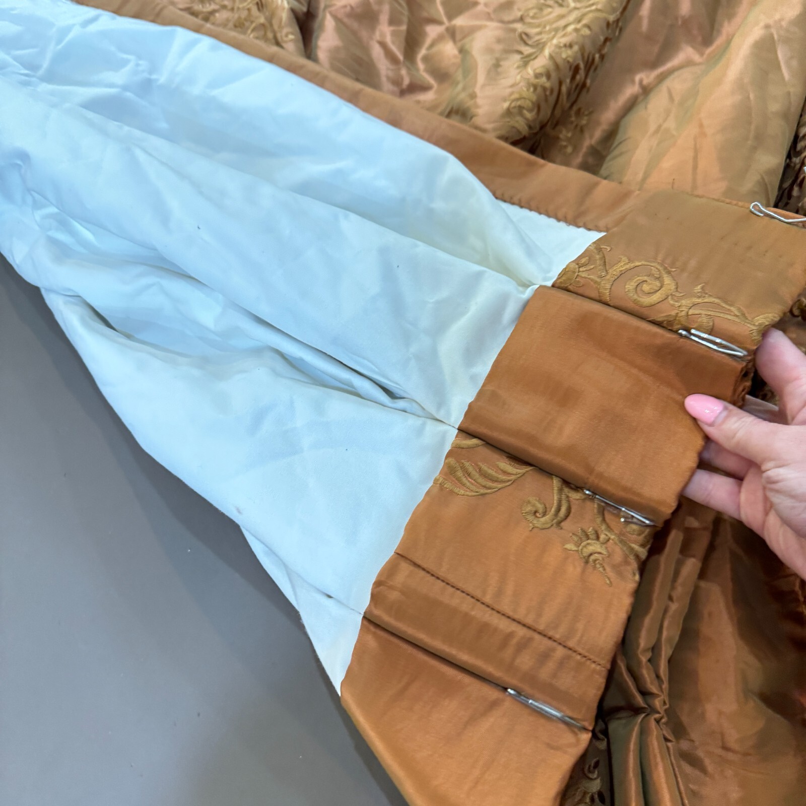 custom pinch pleat drape curtain panel brown damask floral beaded edge