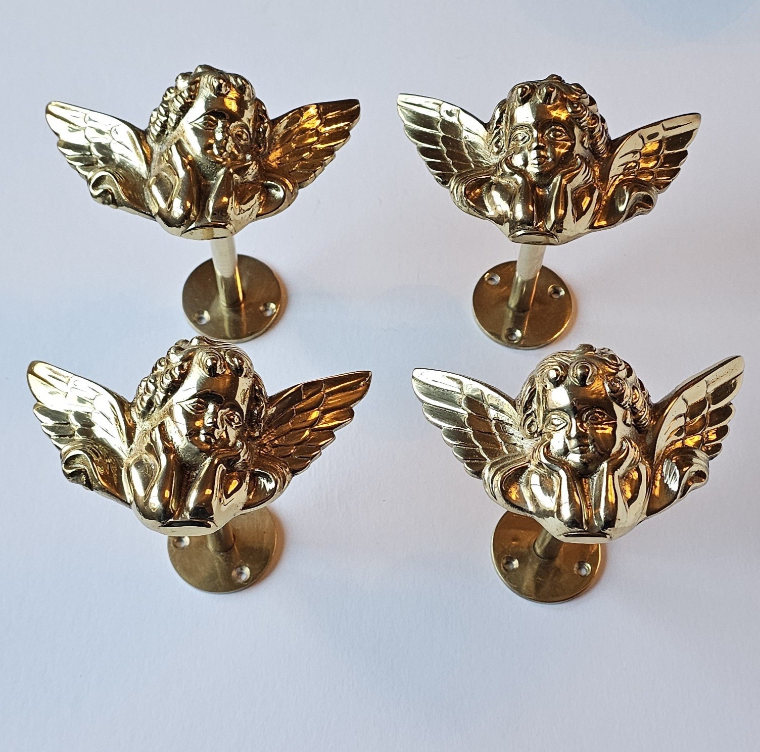Vintage Brass Angel Cherub Curtain Drape Tie Backs Holder Wall Mount Set of 4