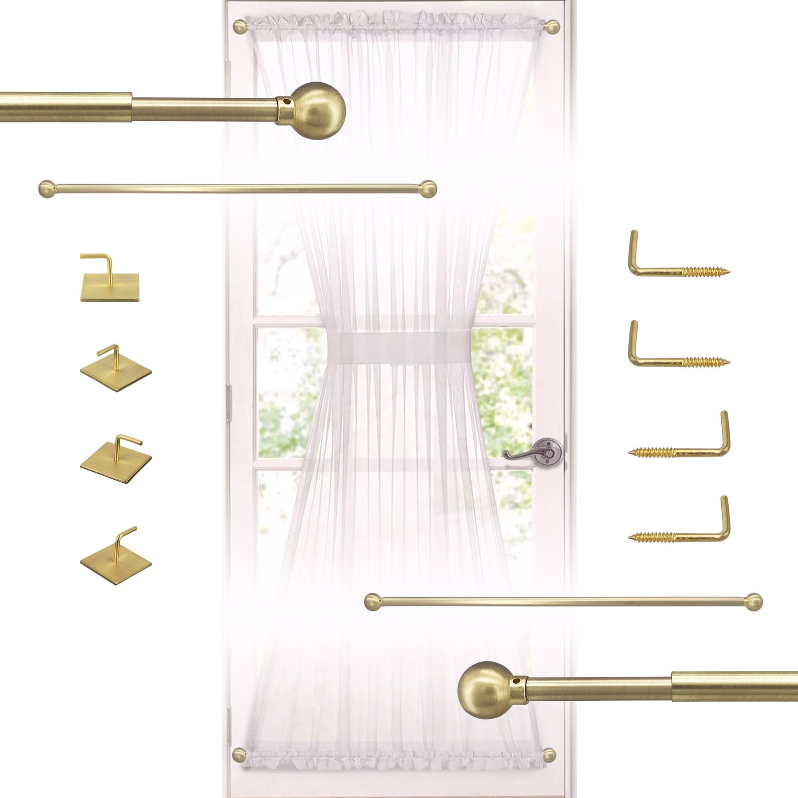 2 Pack Brushed Brass 16 To 28 Inch Adjustable 3/8 Inch French Door Curtain Rod