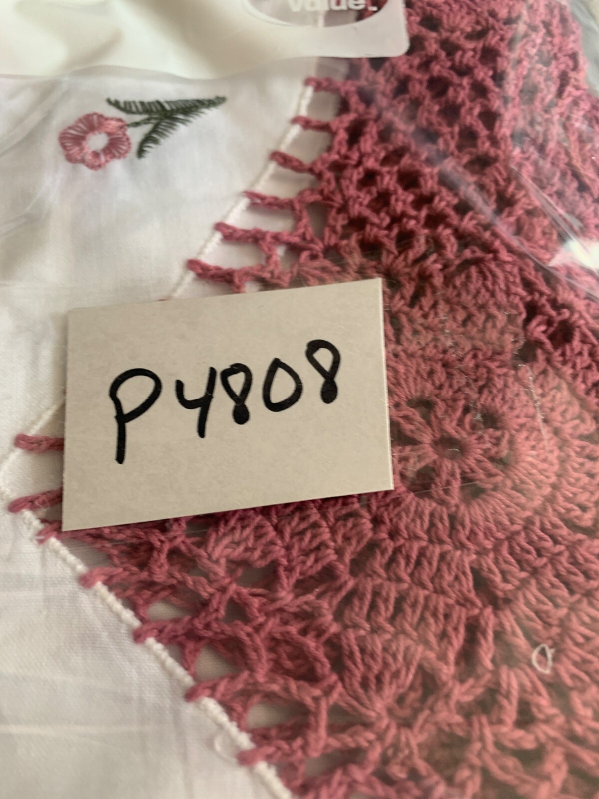 White Cotton Valance With Pink Crocheted Trim & Embroidered Flowers 60″W X 18″L
