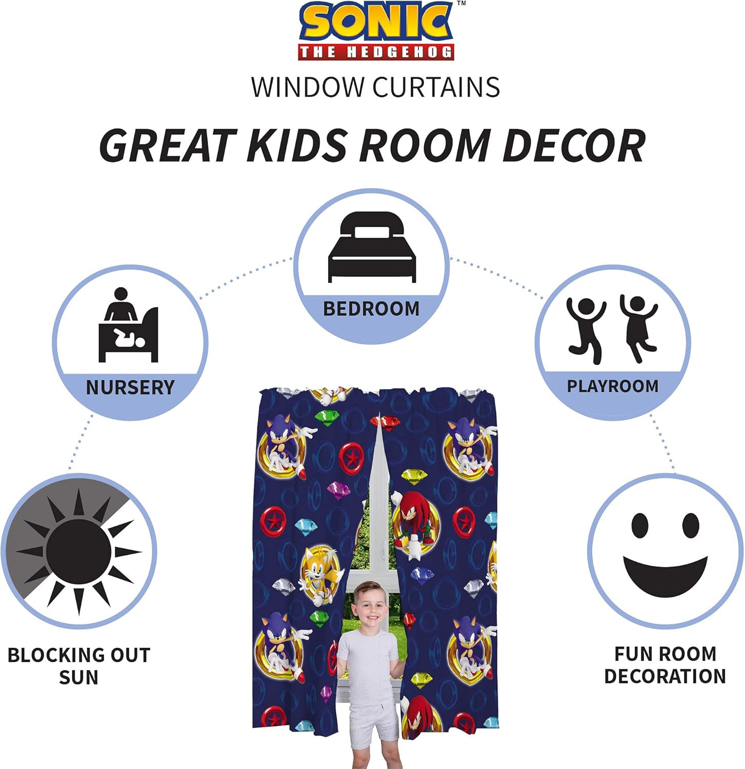 Sonic the Hedgehog Kids Window Curtains, 84 Inch Length 2-Panel Set, Semi Light