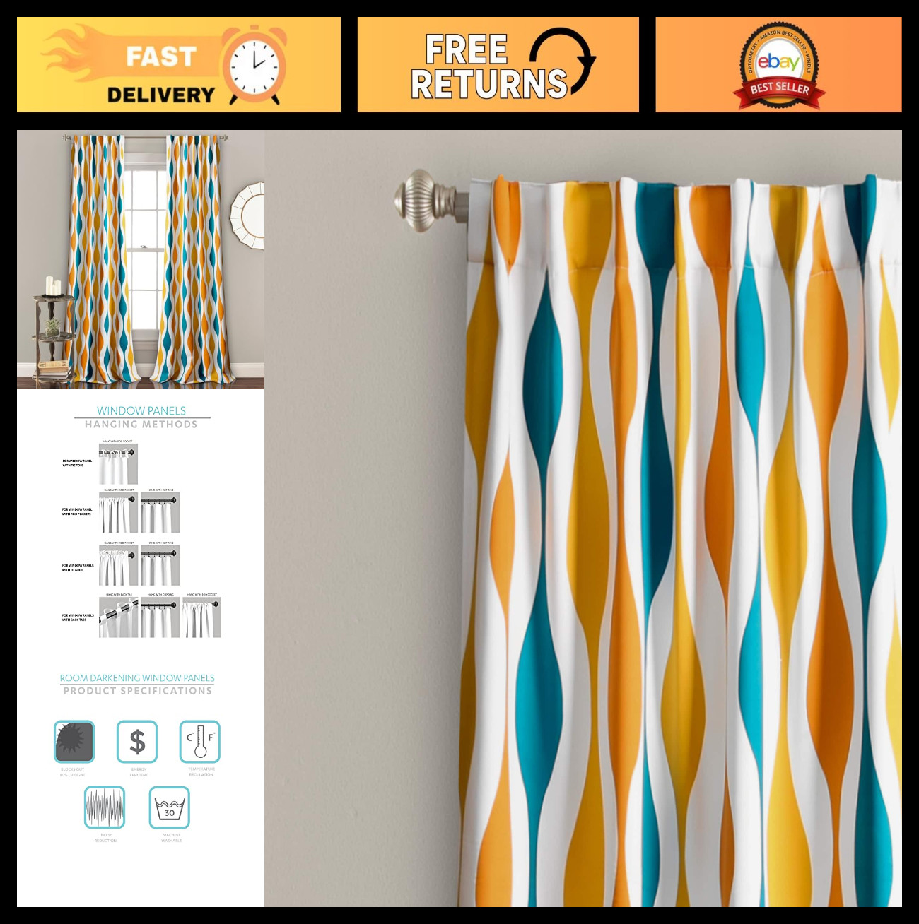 Mid Century Geo Light Filtering Curtains, 52″ W x 84″ L, Turquoise & Orange Pair