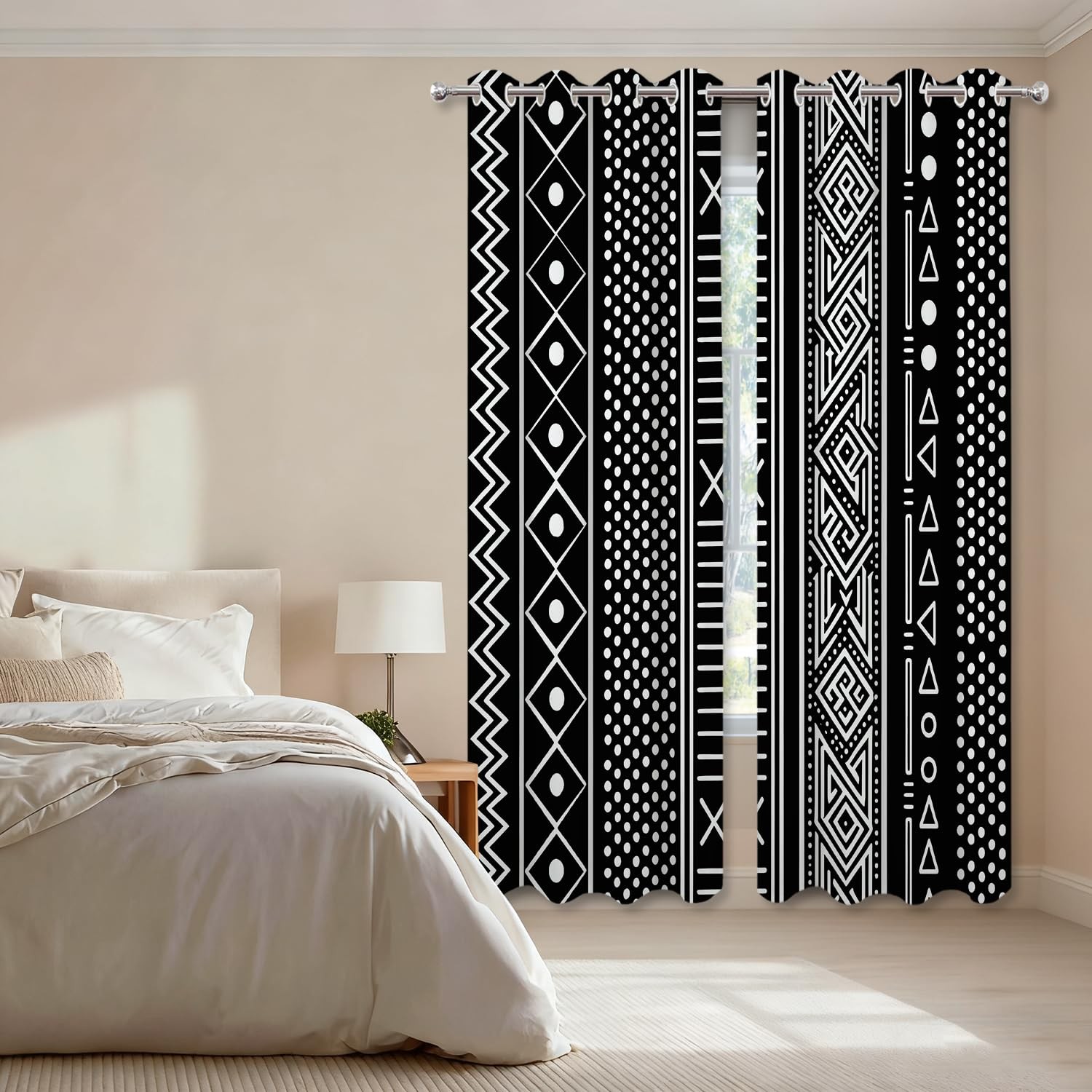 Traditional African Geometric Blackout Window Curtains, Black and White Triba…