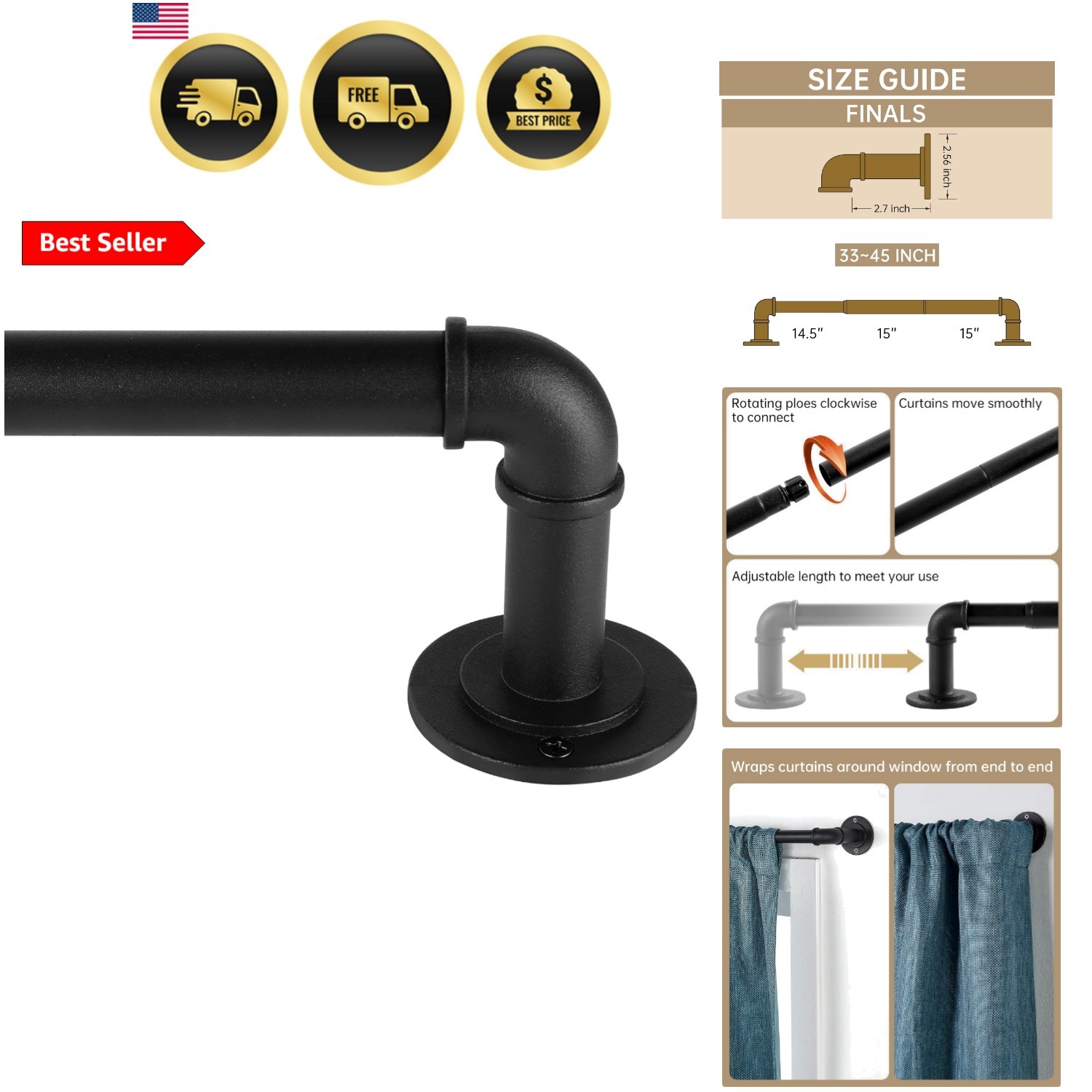Industrial Curtain Rods for Windows 28 to 48 Inches, Blackout Wrap Around Cur…