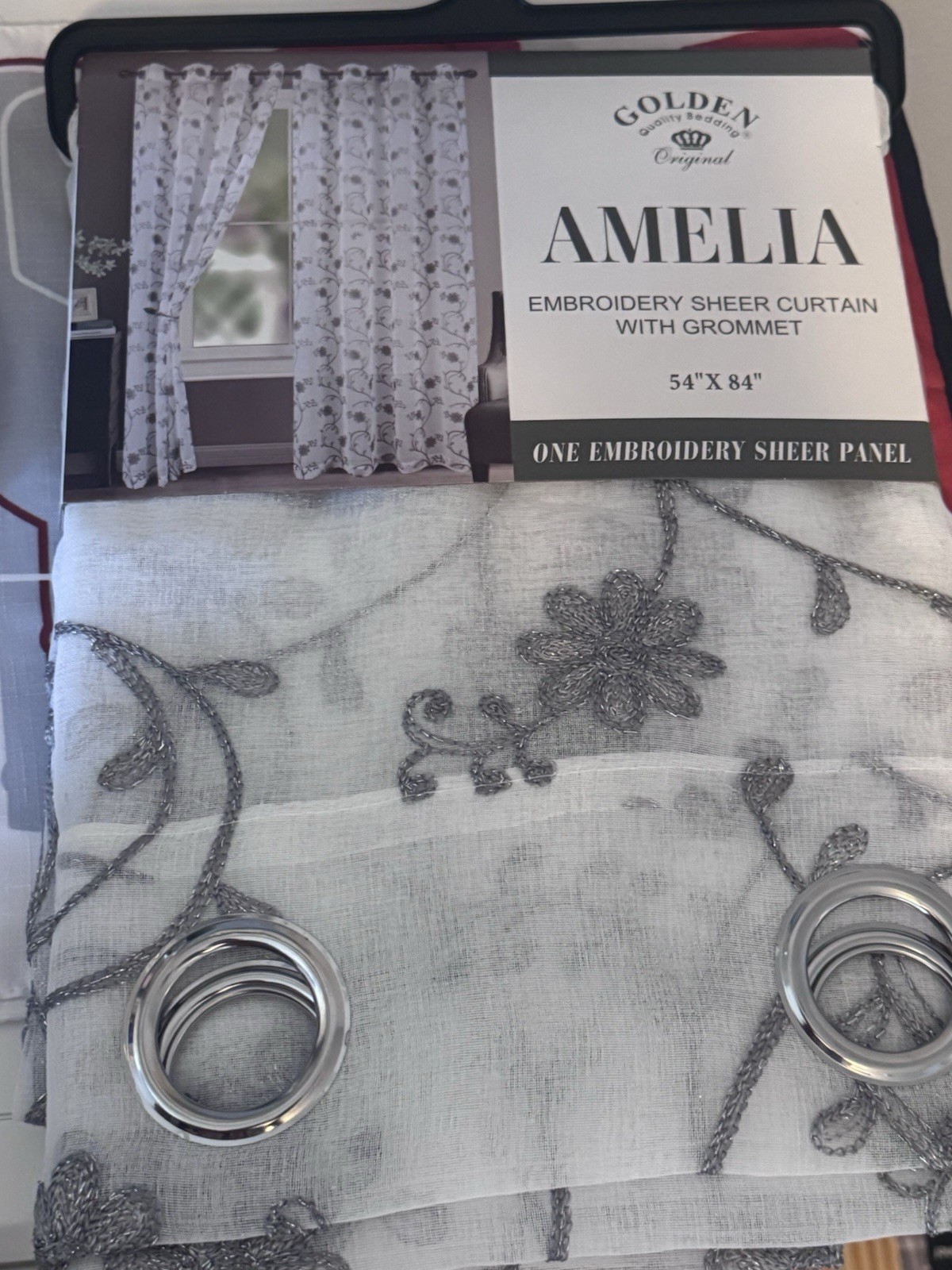 Golden Amelia Sheer Embroidered Floral Grommet Panel 54×84 White/Gray