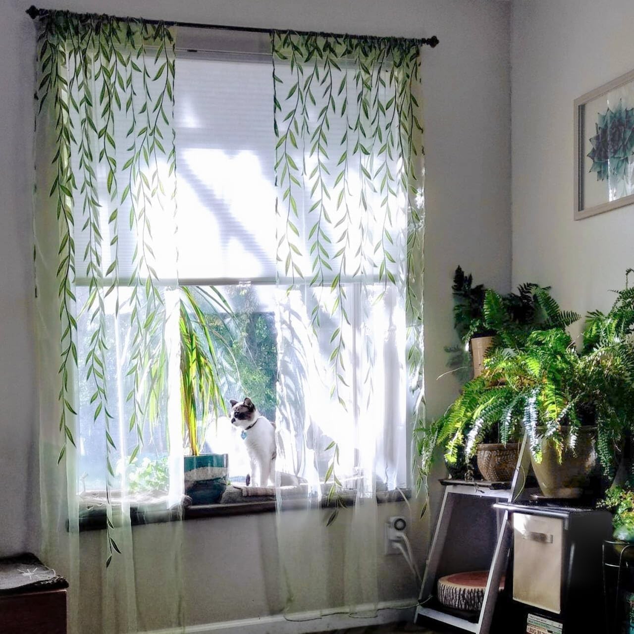 BROSHAN Green Leaf Pattern Sheer Voile Window Curtains for Kids Bedroom Living R