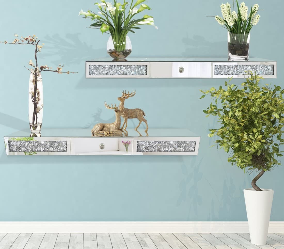 ST3000 Crystal Diamond Mirrored Wall Shelf with Drawer-31.5″ Silver Mirror Cr…