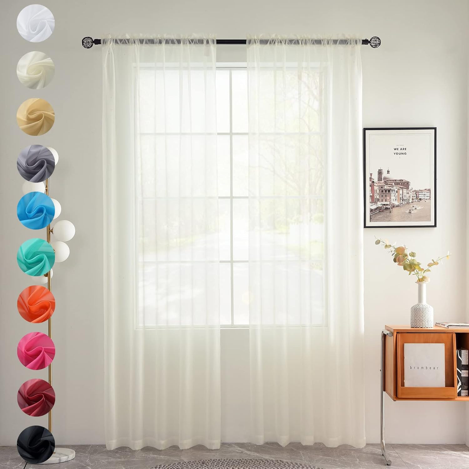 Youleyar Solid Sheer Rod Pocket Curtain Voile Draperies 2 Panels White Beige Bla