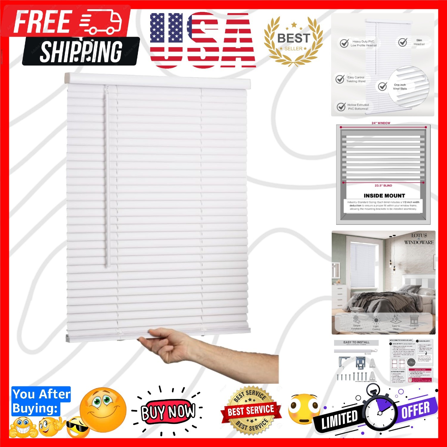 Cordless Mini Blind, 1″ Vinyl Slats, 24″ Wide x 72″ Long – White, Window Blin…