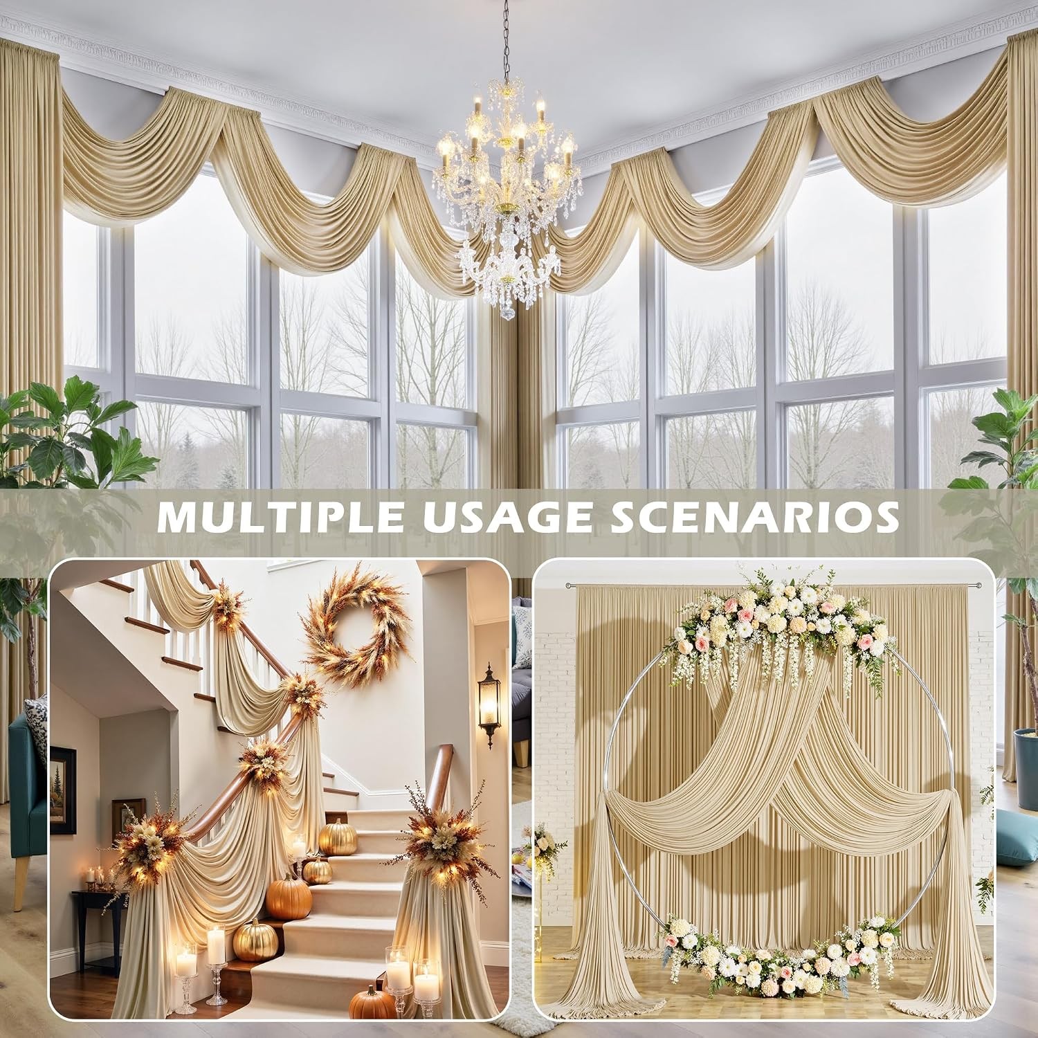 40 ft×20 ft Beige Ceiling Curtain Drapes for Weddings Parties,Wrinkle Polyester