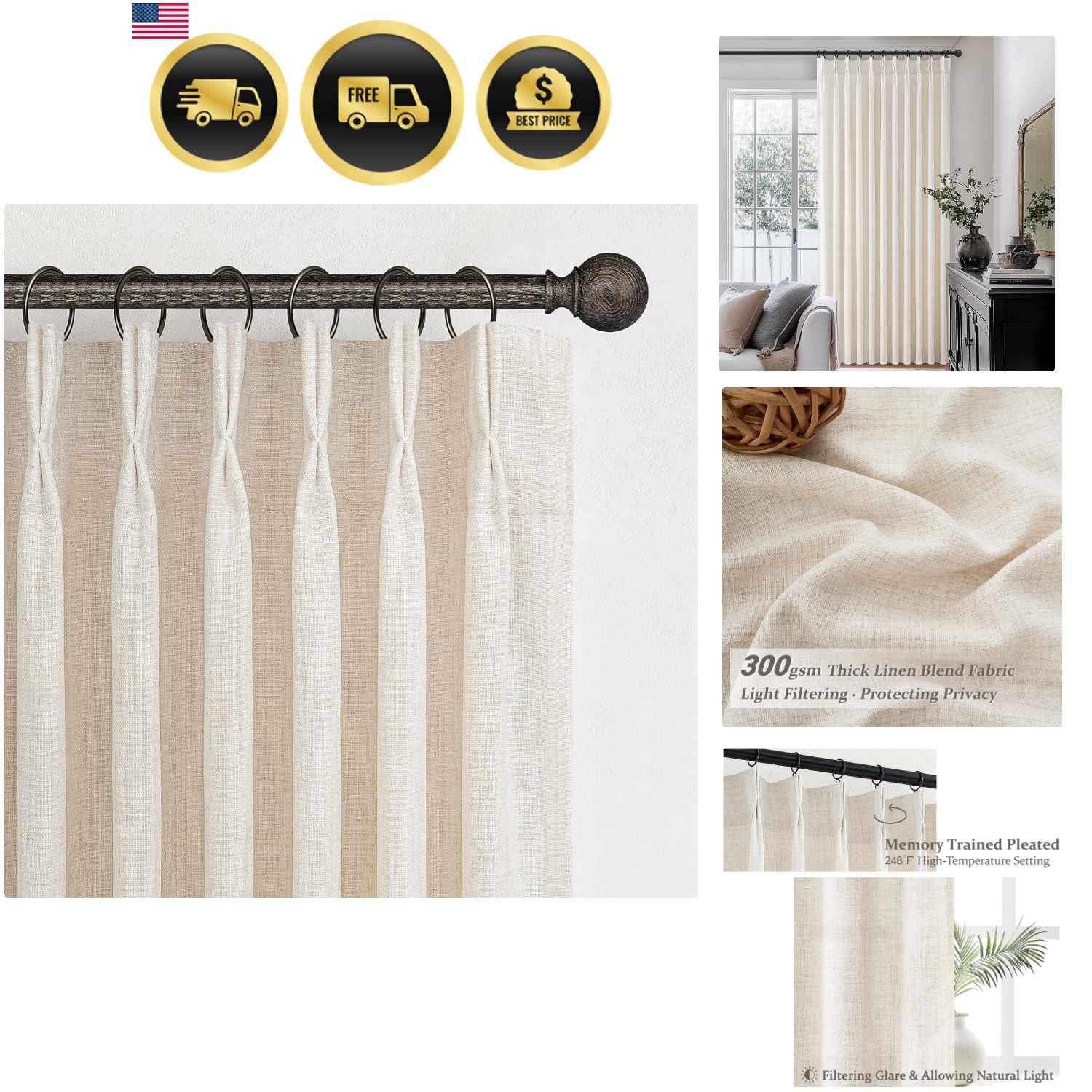 Pinch Pleated Linen Curtains 96 Inches Long for Living Room Bedroom, Light Fi…