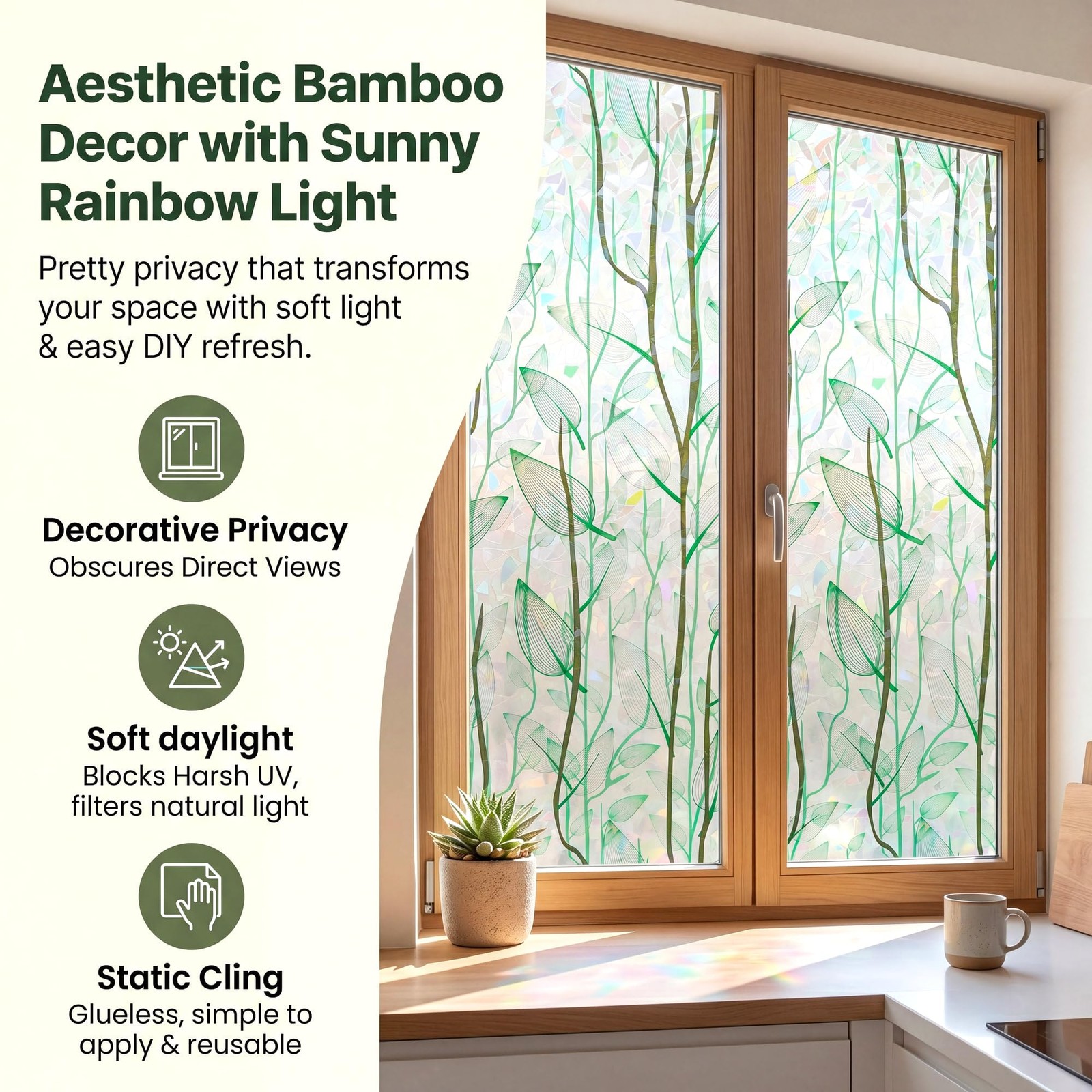 Decorative Privacy Window Film Green Rainbow Leaf Stained Glass Door Clings S…