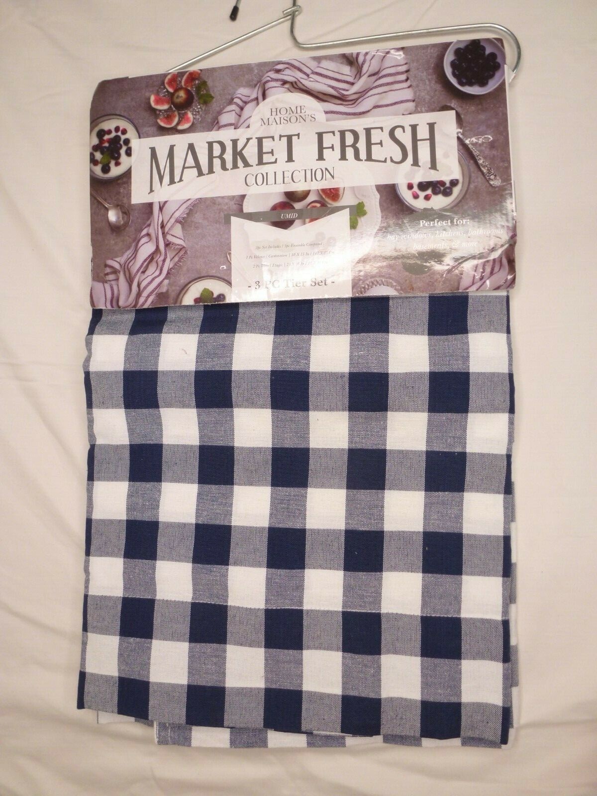 3 Piece Kitchen Window Curtain Set – 3pc Tier Set – Blue Checkered – Home Maison