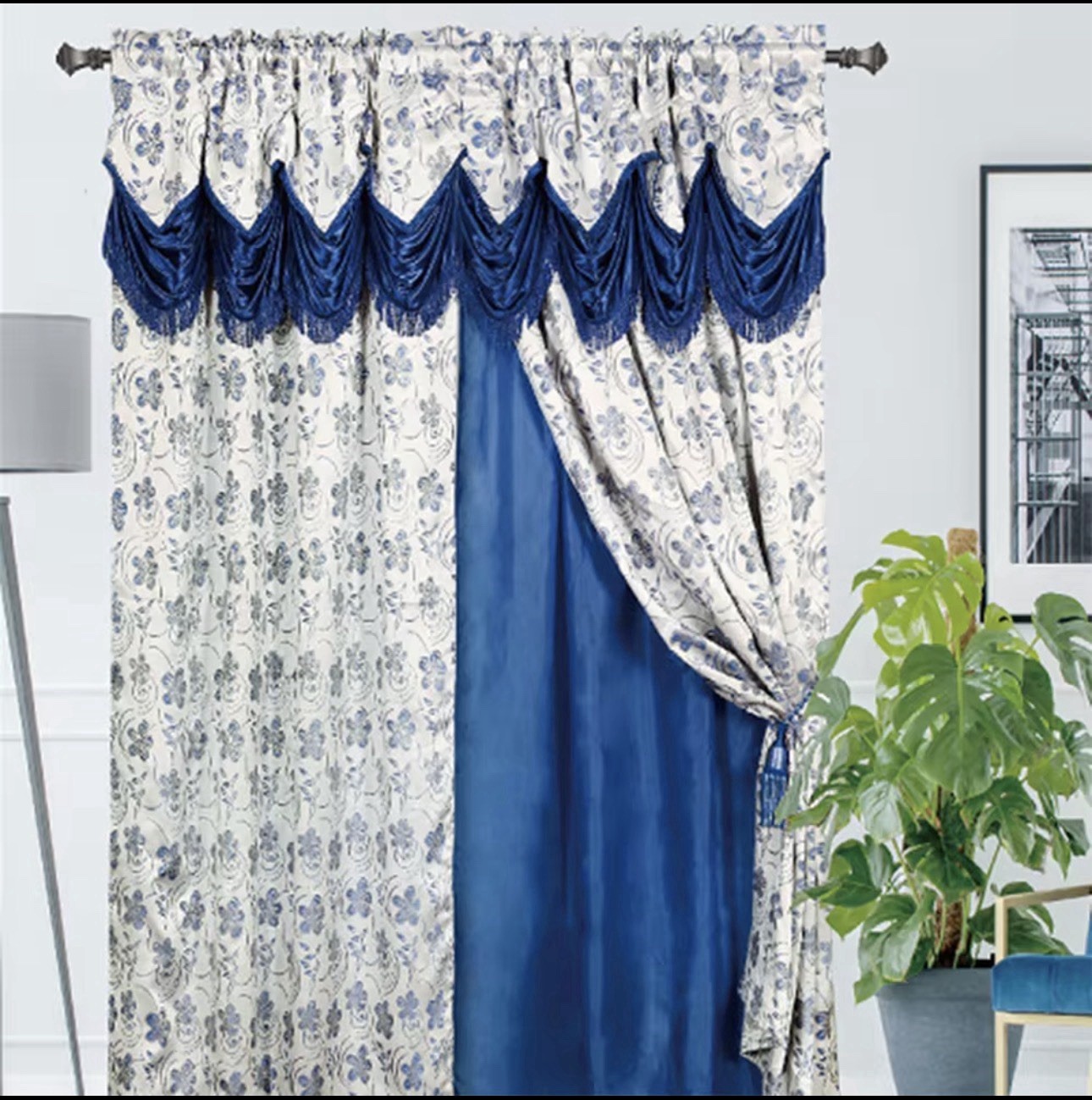 Jacquard Panel Curtains with Attached Valance, Multi-Color, 2 Piece Set
