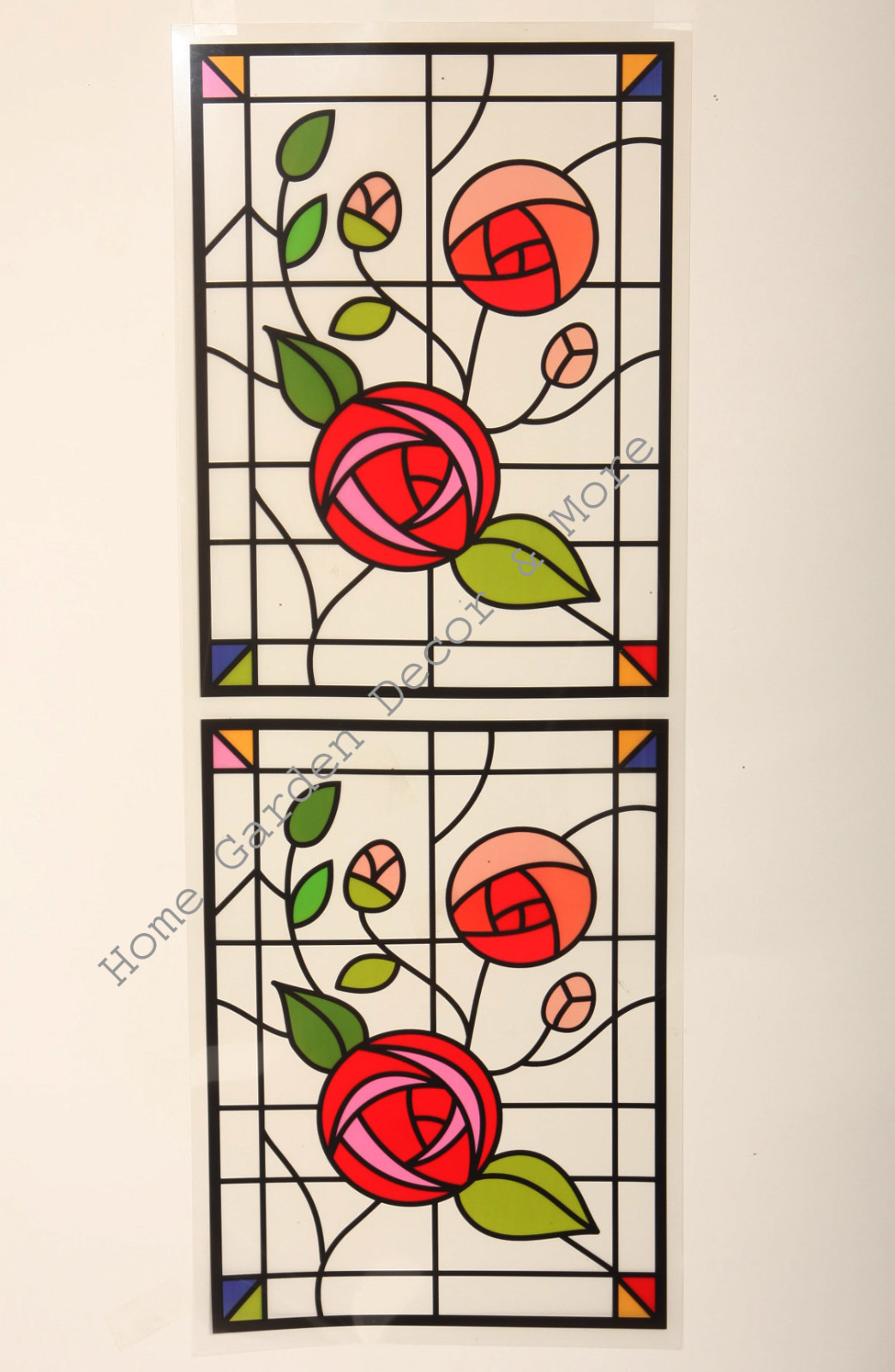 24.4″ x 9″ RED ROSE VINE Stained Glass Window Film Sticker Decal Peel & Stick