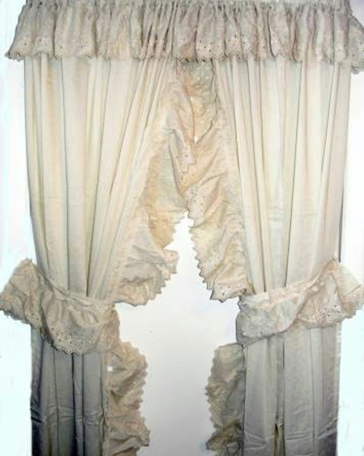 NEW LUXURY BEIGE EYELET Ruffle Priscilla Tieback CURTAIN 92 Extra-Wide x 90 Long