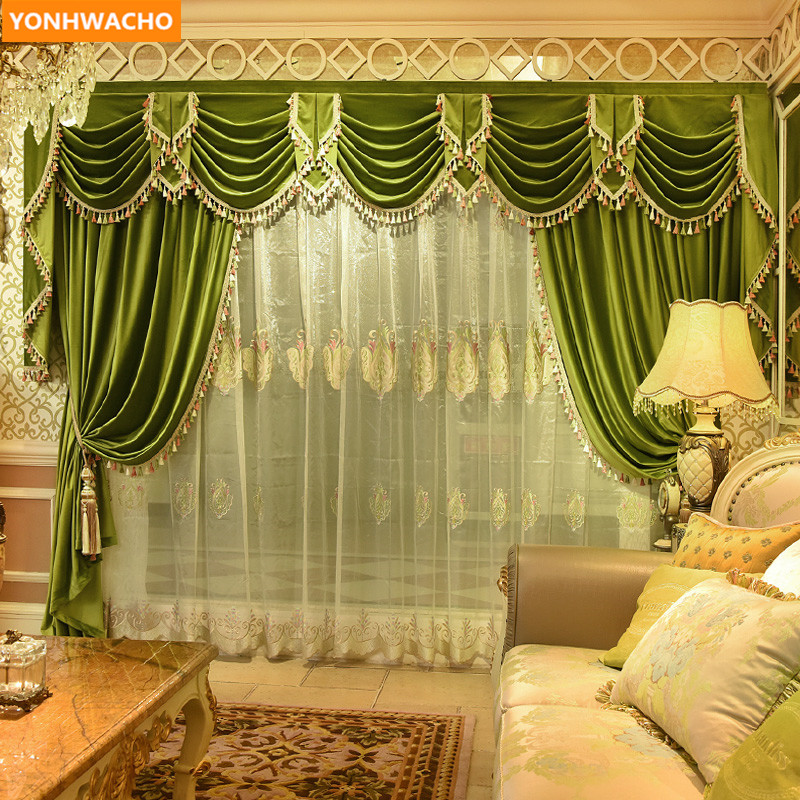 luxury modern green thick France velvet cloth curtain tulle valance drapes N968