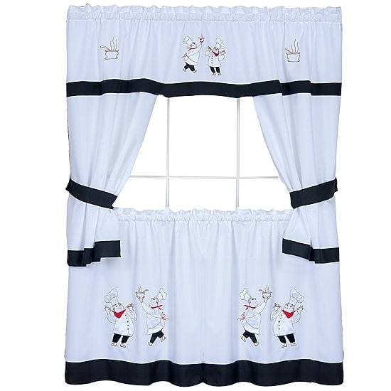 Achim Gourmet Kitchen Curtain Set 58×36 Black 3-Piece Tier & Valance Rod Pocket