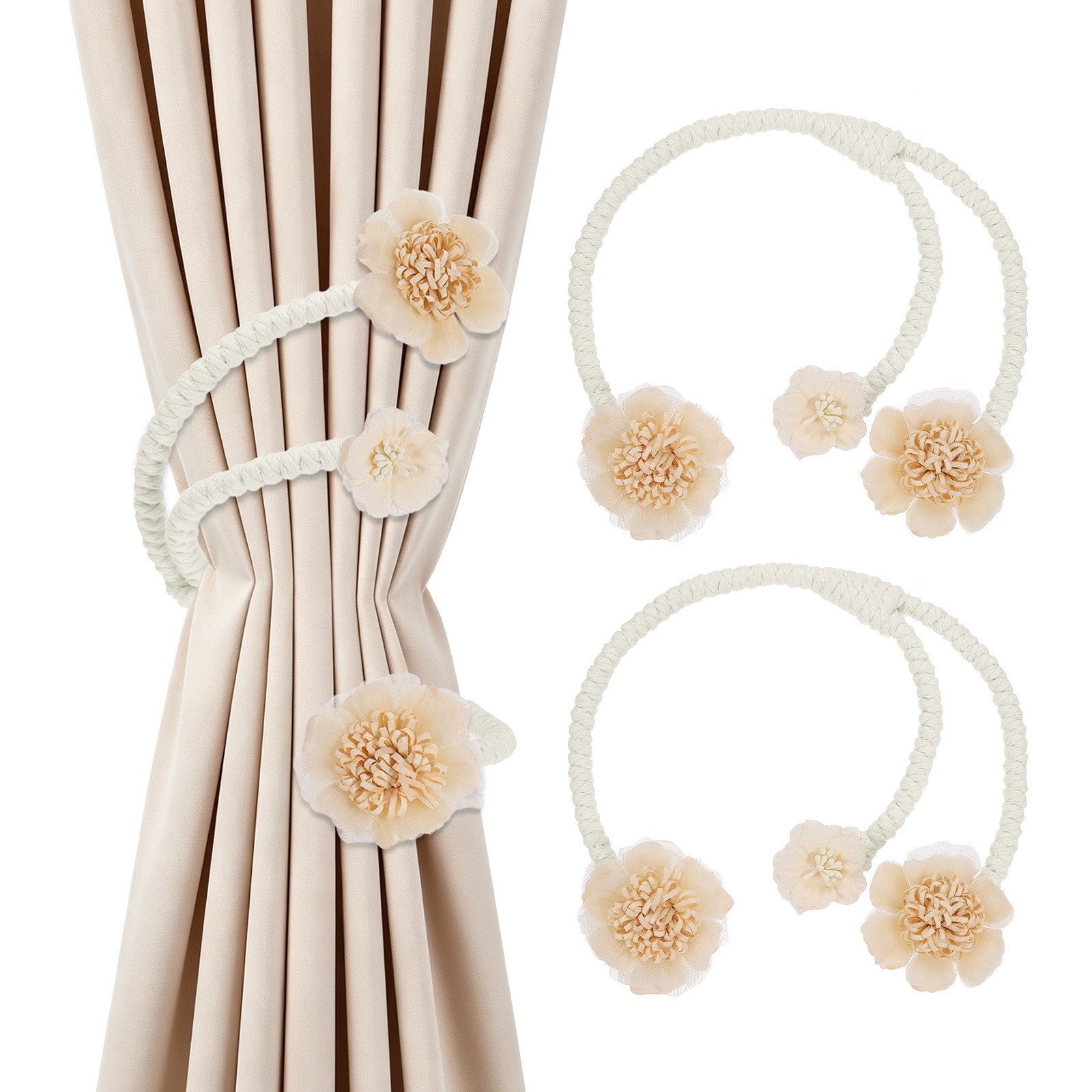 2Pcs Flower Curtain Tiebacks, 3 Flower 45cm Twist Holdbacks Clip, Beige