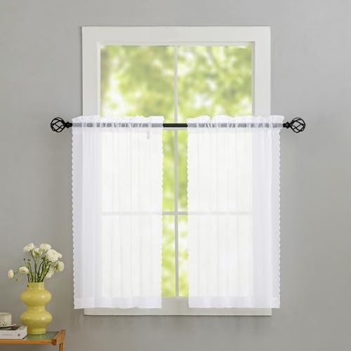 White Sheer Kitchen Curtains 36 inch 30″W x 36″L (Pack of 2) White-voile