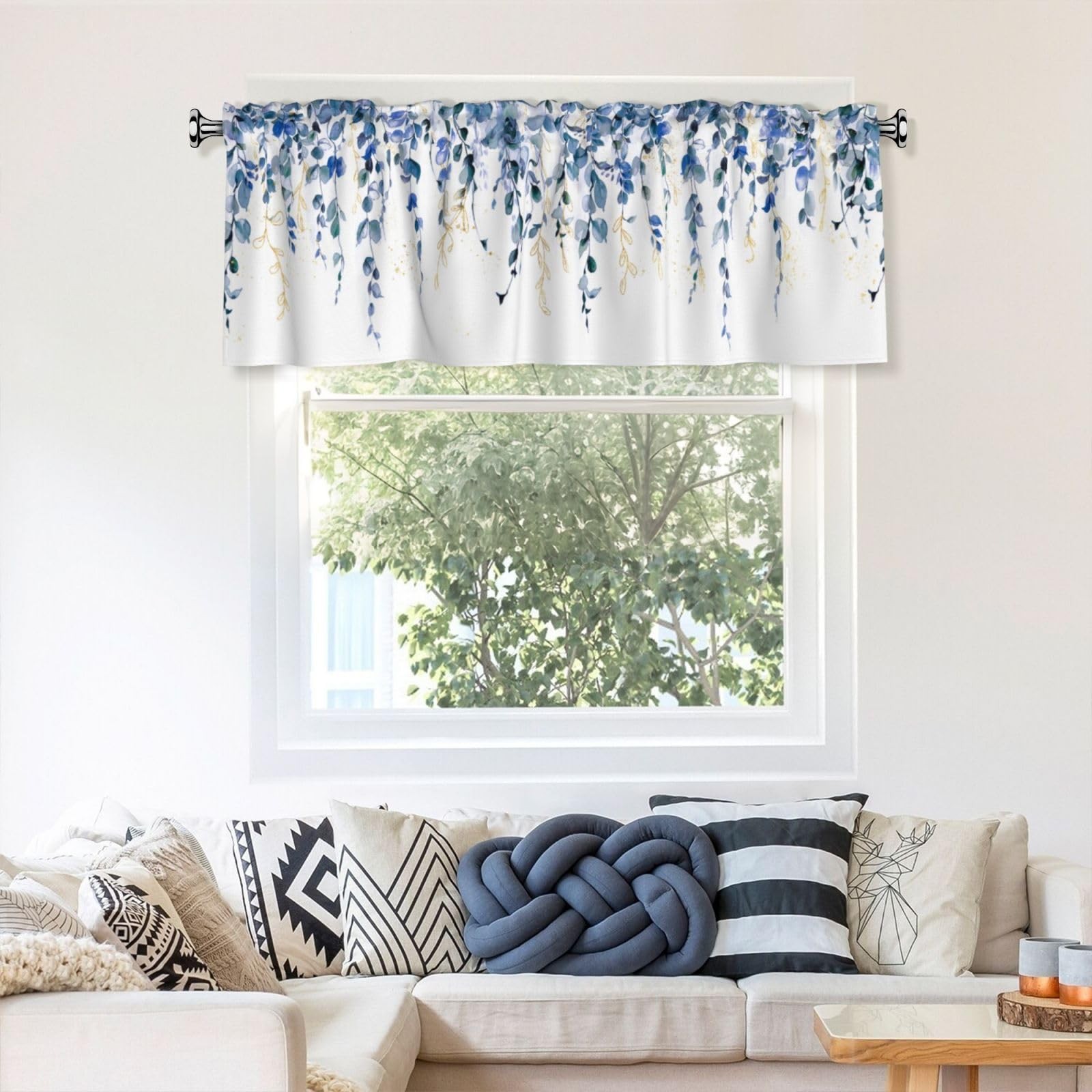 Eucalyptus Valance Curtain for Window 54″ x 18″ Blue Gold Leaves Plant Short …
