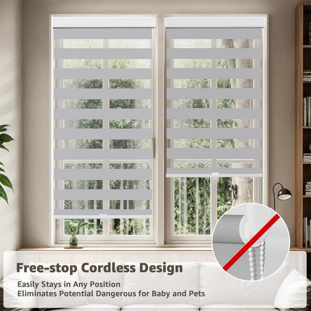 Cordless Zebra Blinds 44”x72” White Dual Layer Blackout Roller Shades Free-Stop