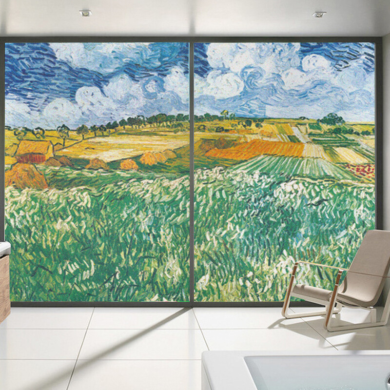 Village Retro Oil Painting Window Film Print Sticker Cling Stained Glass Decor