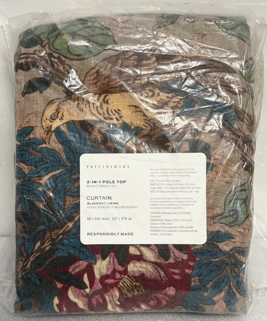 Pottery Barn 2-in-1 Pole Top Pheasant Floral Blackout 1-Curtain 50″x108″ Multico