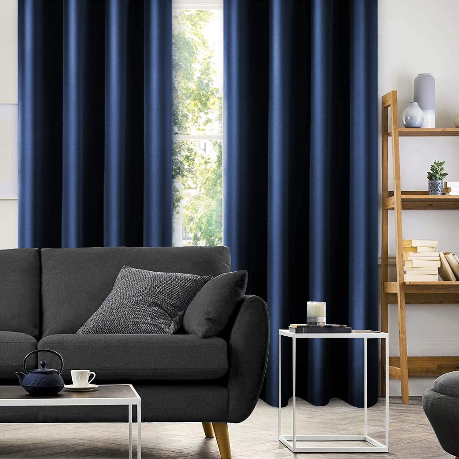 HOMEIDEAS Navy Blue Faux Silk Blackout Curtains 52×96″ Thermal Room Darkening