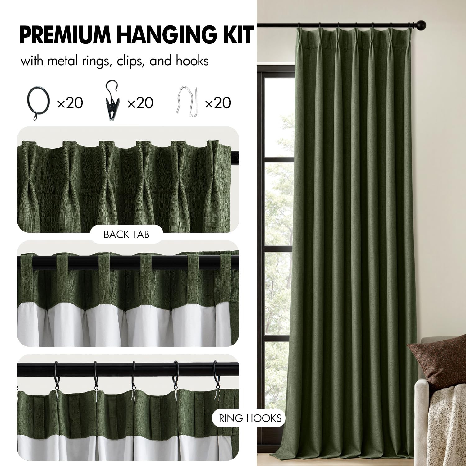 Olive Green Pinch Pleated 100% Blackout Linen Curtains for Bedroom, Room Dark…