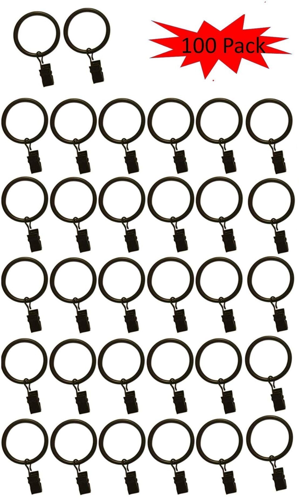 Set of 100 – 1.5-inch Metal Curtain Rings with Clips – Black (Also Known as R…