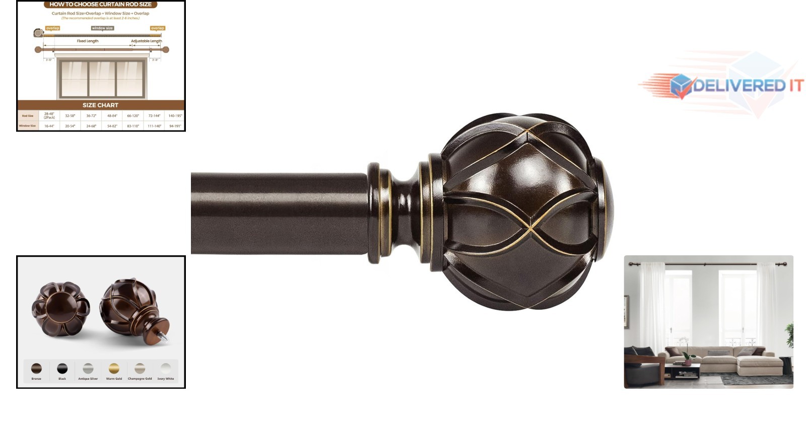 Heavy Duty Adjustable Curtain Rods Iron 72-144 Inches Decorative Bronze