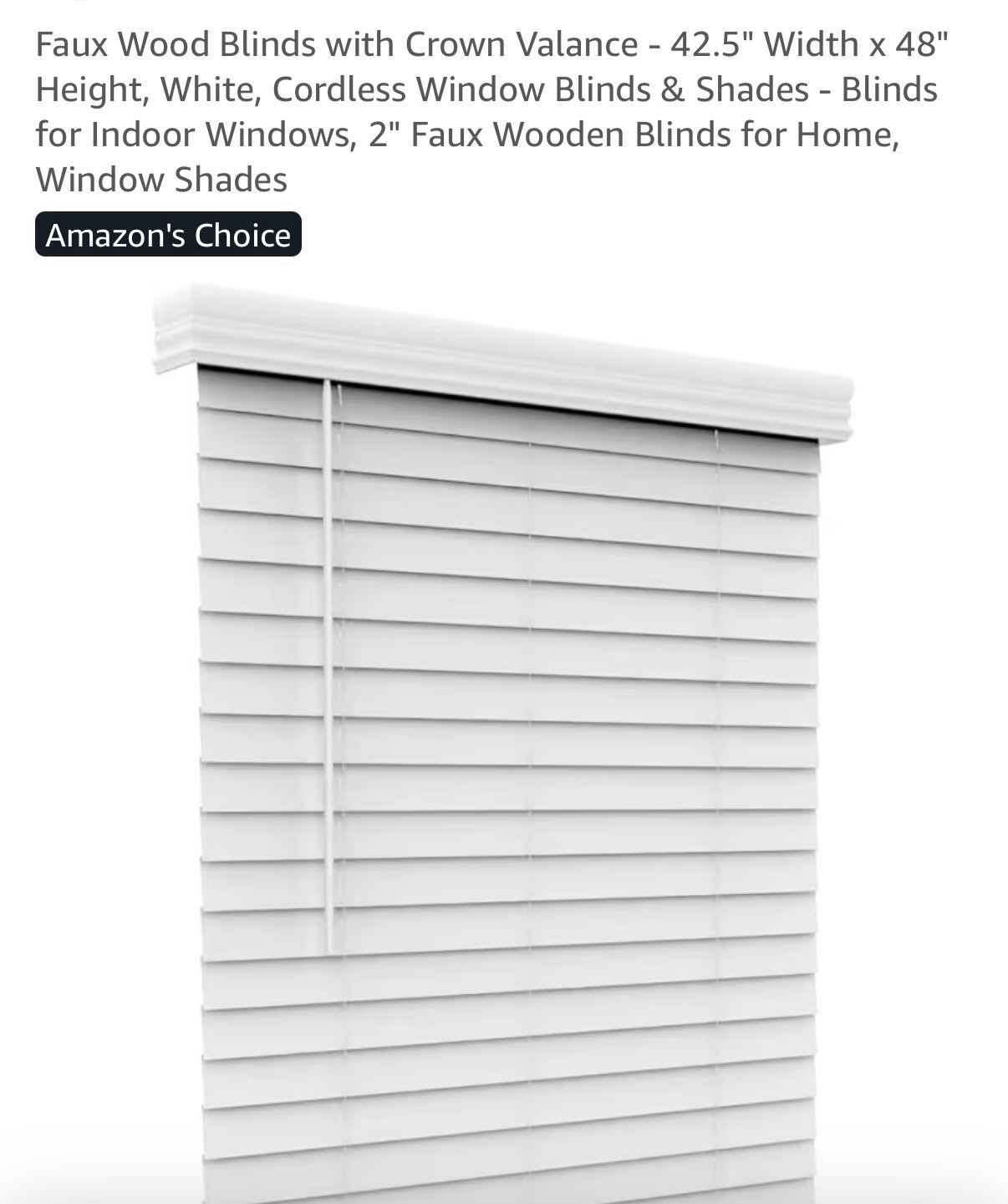Blinds Faux Wood Cordless Blind White 42.5×48 2in Slats with Valance