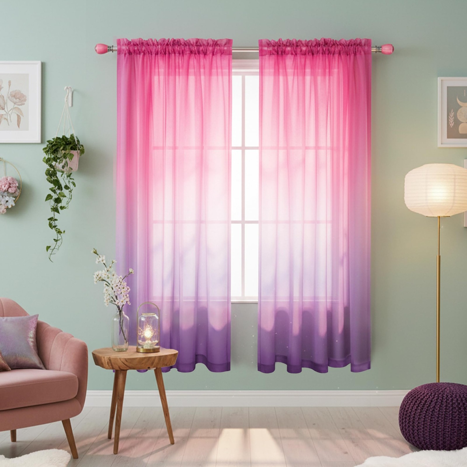 Pink and Purple Curtains for Girls Bedroom Decor, Set 1 Single Pastel Sheer O…