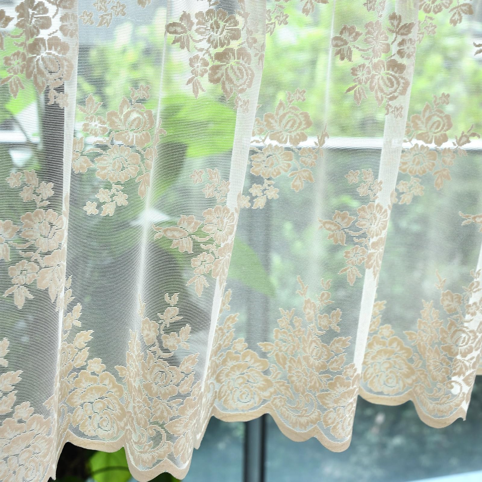 Beige Lace Valance Curtain for Kitchen Window, Rusitc Floral Vintage Cream Sh…