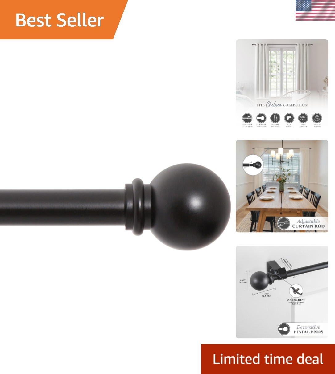 Versatile Adjustable Curtain Rod 48-86 Inches in Black – Complete Hardware Set