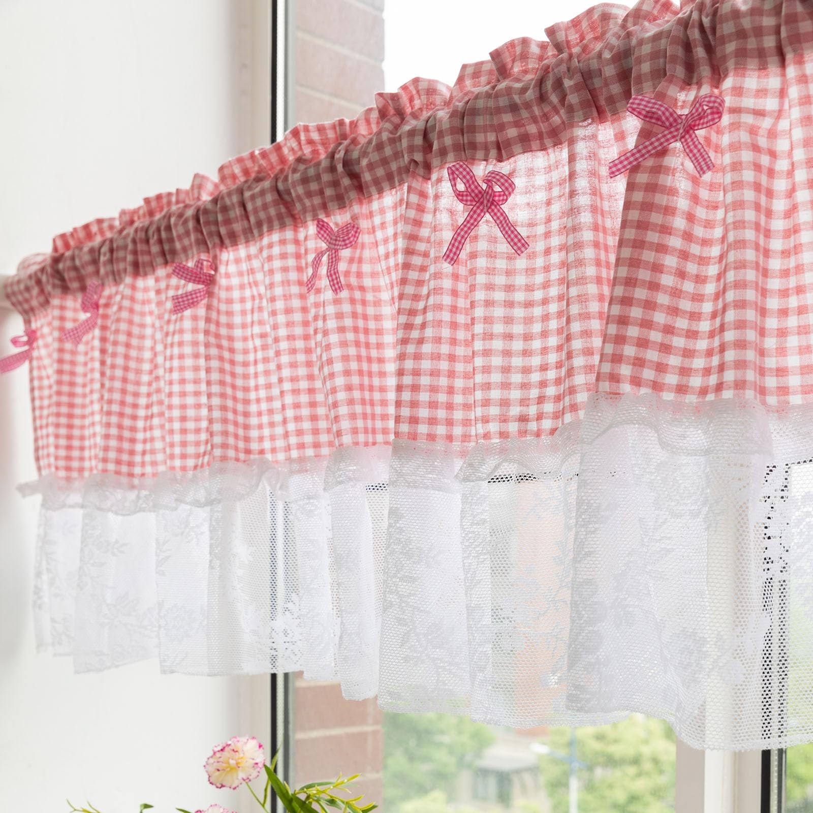 Pink and White Buffalo Check Plaid Tier Curtains Floral Lace Semi Sheer Kitch…
