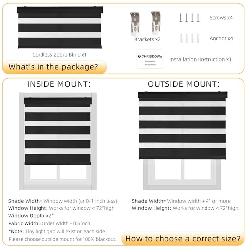 Cordless Zebra Blinds for Windows, Dual Layer Free-Stop 20″W x 72″H Black