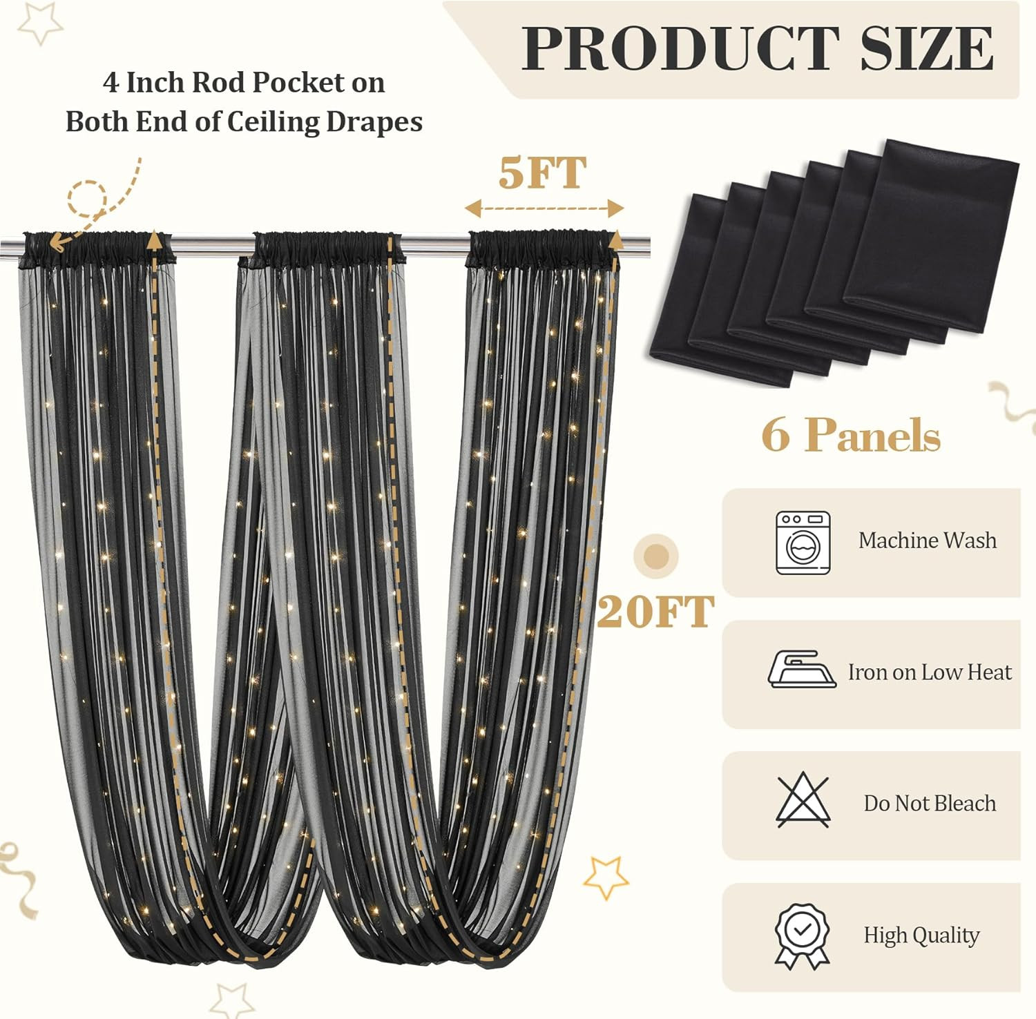 Black Ceiling Curtains with Lights – 6 Panels Tulle Drapes for Weddings 5x20ft