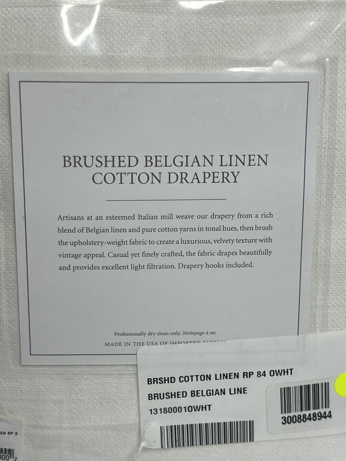 Restoration Hardware Brushed Bel Linen Cotton Drapery RP 50″W x 84”L White $269
