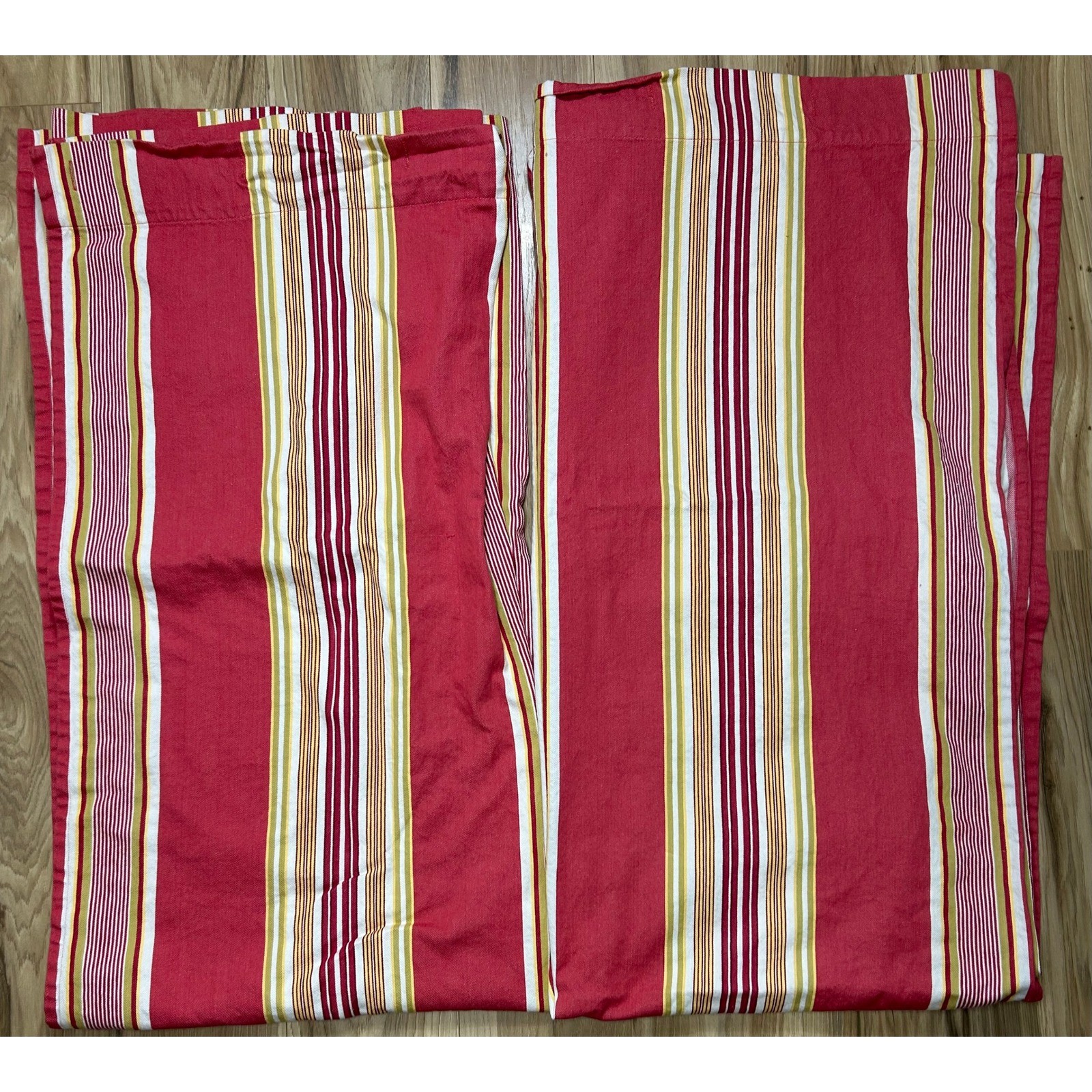 POTTERY BARN Curtains SET/2 Panels French Stripe 72×72 Red Cotton Twill Retired