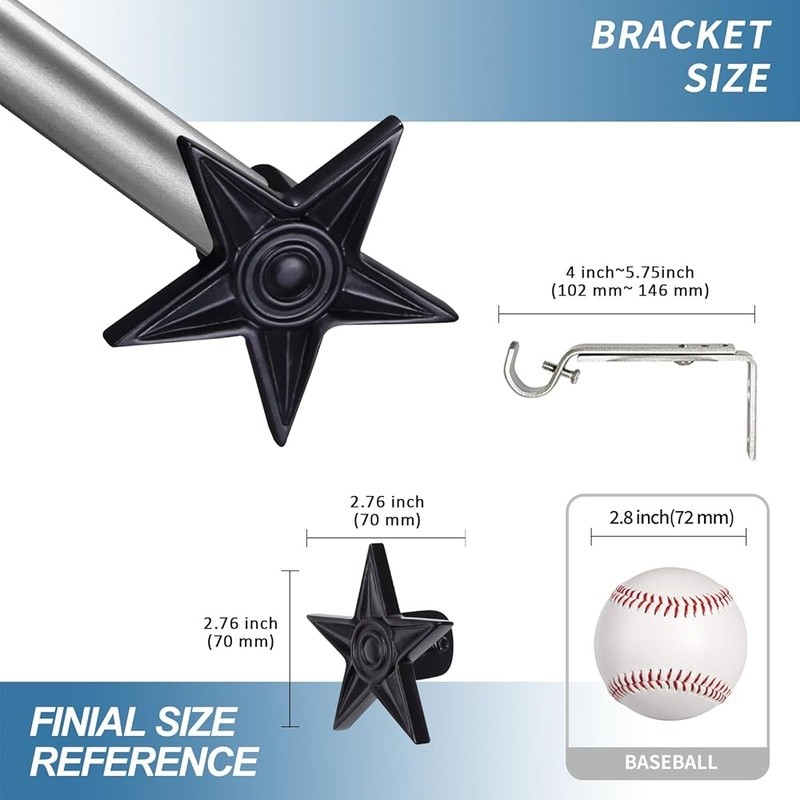 Adjustable Star Finial Curtain Rod Set Wall Mounted Alloy Steel 28″-120″ Length