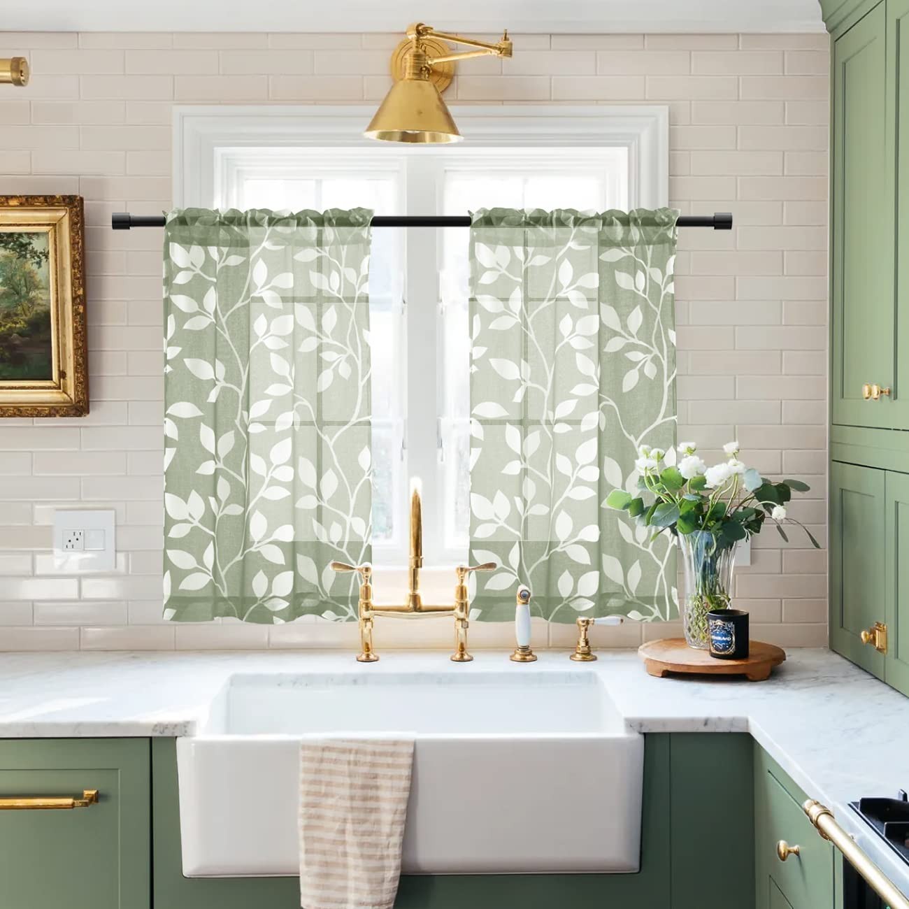 XTMYI Boho Curtains for Kitchen Window Green 25″W x 30″L (Pack of 2), Sage