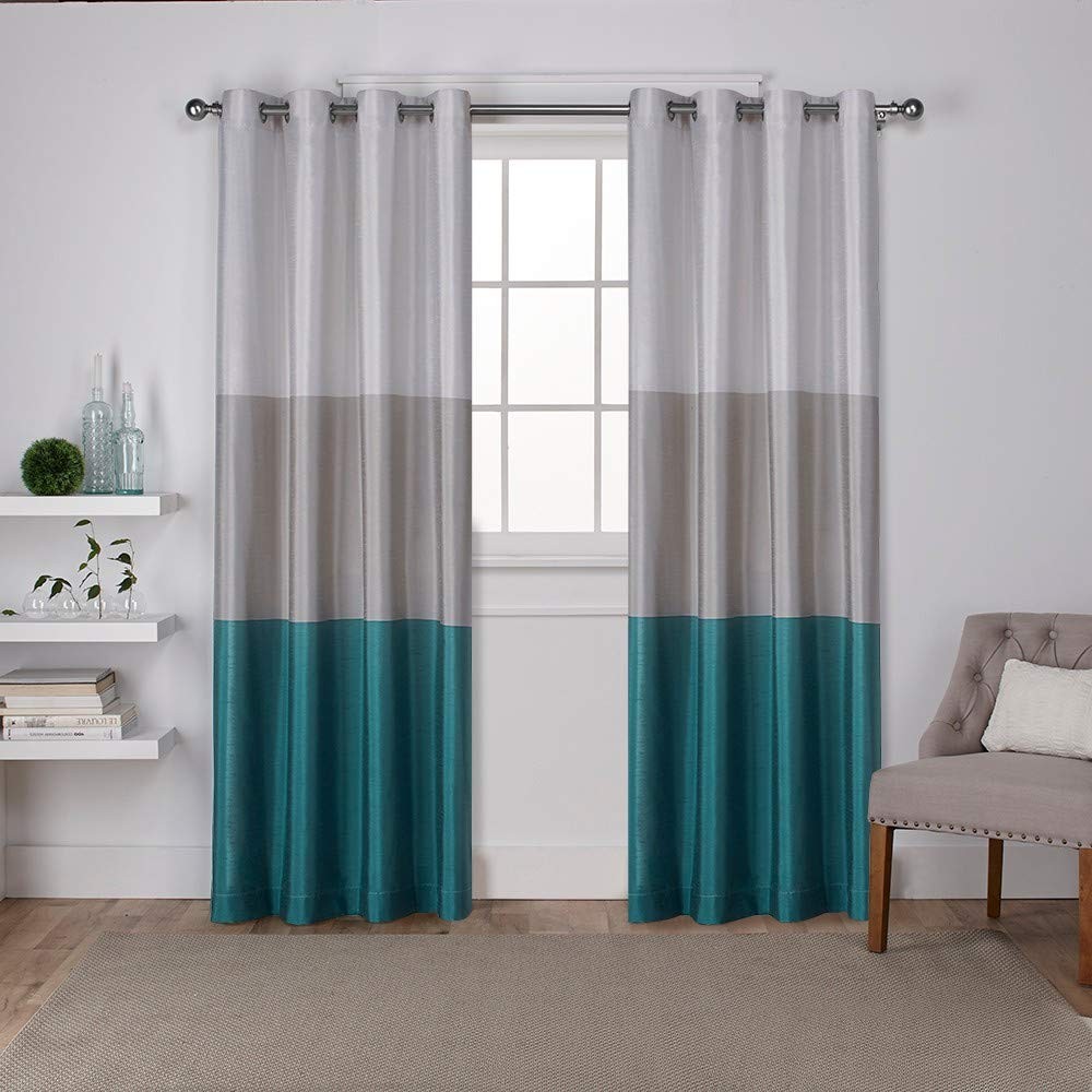 Chateau Striped Faux Silk Grommet Top Curtain Panel Pair, 54″x84″, Teal