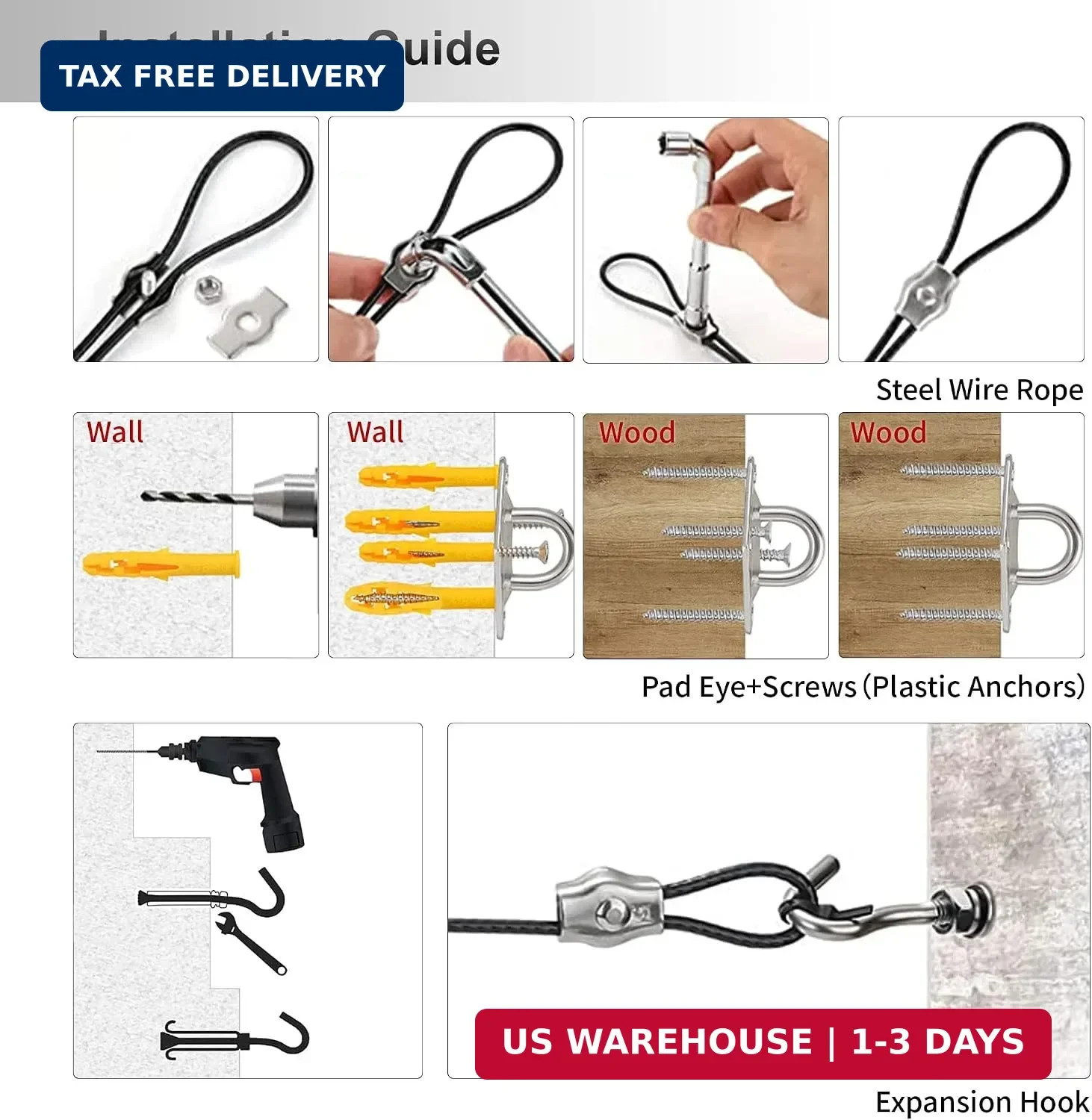 Shade Sail Hardware Kit with Nylon Coated Cable Wire, 304 Stainless Steel Instal