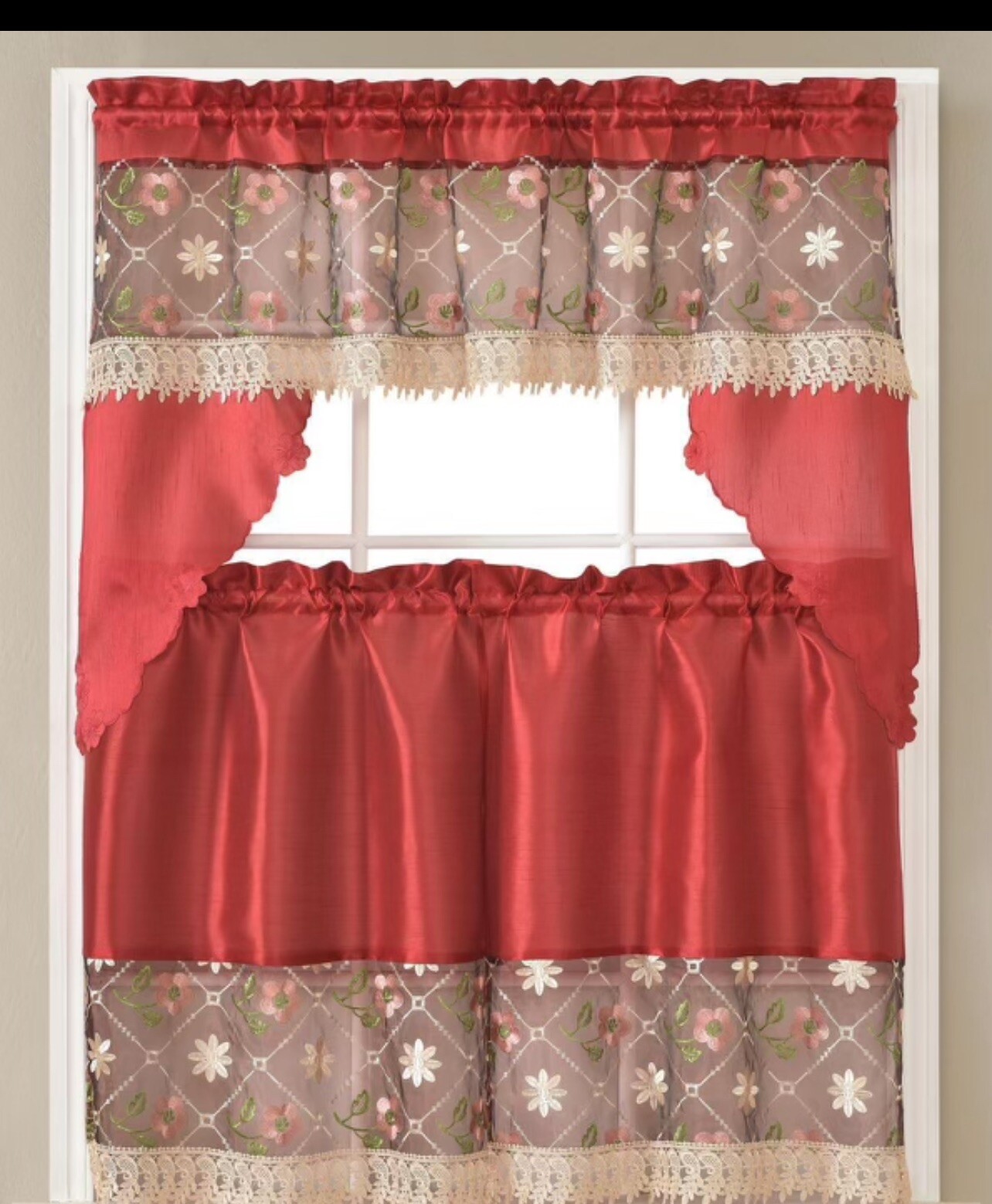 3PC SET WINDOW EMBROIDERY KITCHEN CURTAIN SOLID DRAPE VALANCE TIER NEW DESIGNS